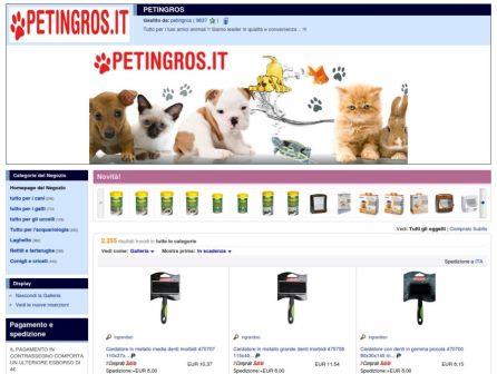 screenshot del sito ecommerce di prodotti per animali petingros.it